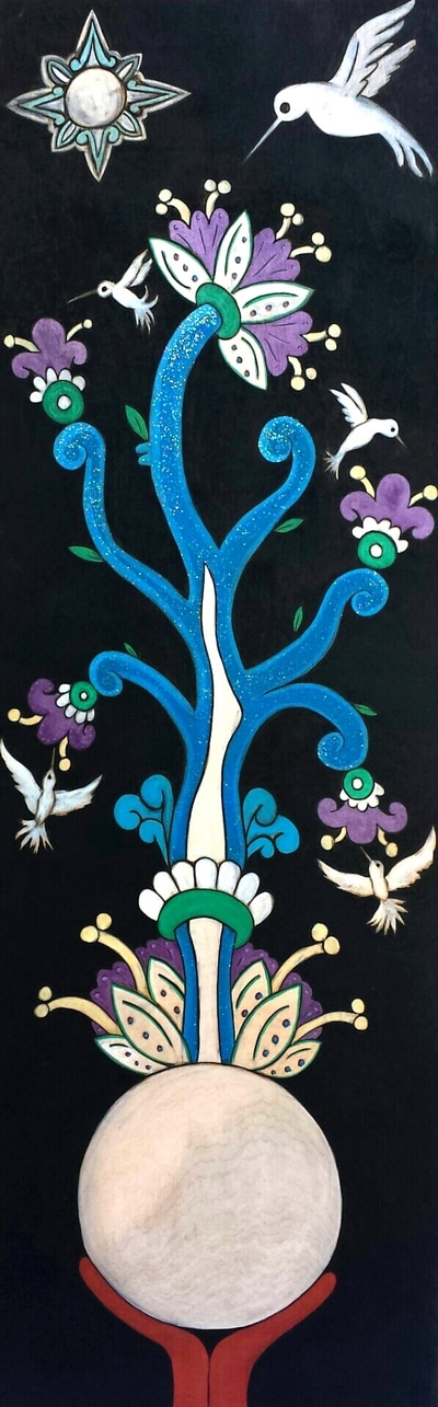 Artwork: Painting of blue tree with flowers and hummingbirds. By Elizabeth Jimenez Montelongo