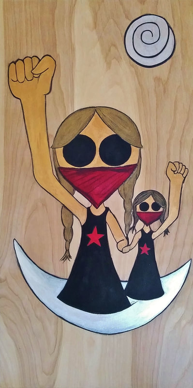 painting of mother and daughter with red bandana masks covering face, fists raised, in support of 
EZLN, by ejmontelongo