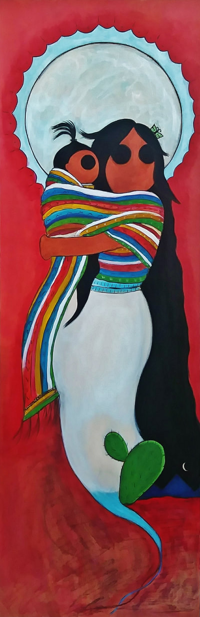 Artwork: Painting of woman in rebozo holding a child. By Elizabeth Jimenez Montelongo